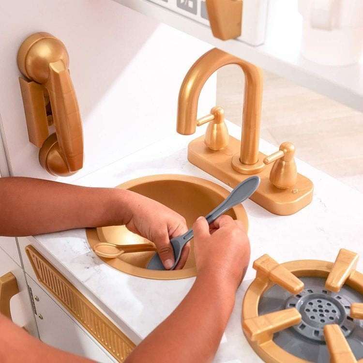 Large White and Gold Wooden Play Kitchen for Children